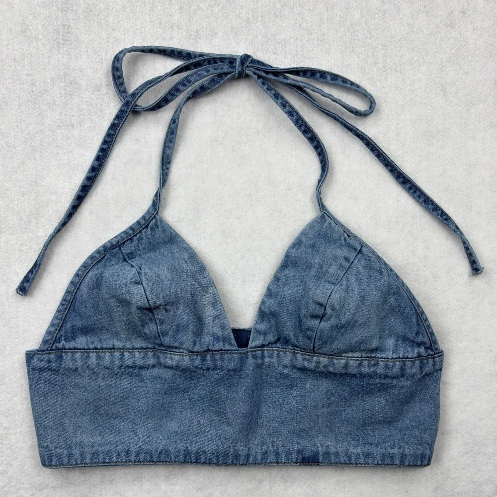 Emma & Sam Crop Top Womens Small Blue Denim Triangle Halter Hook Eye Bralette